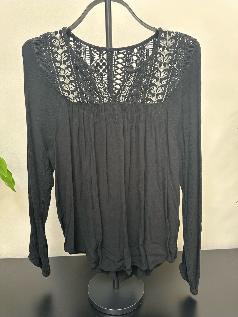 Mossimo Supply Co. Black Crochet Yoke Long Sleeve Blouse